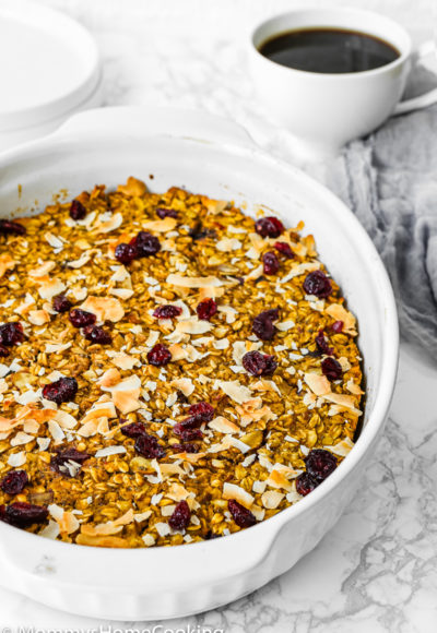Eggless Pumpkin Baked Oatmeal with cranberries on top