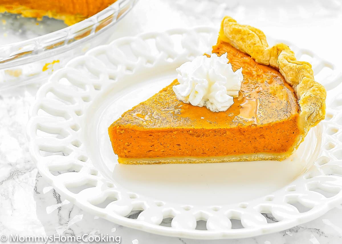 Eggless Pumpkin Pie slice on a white plate