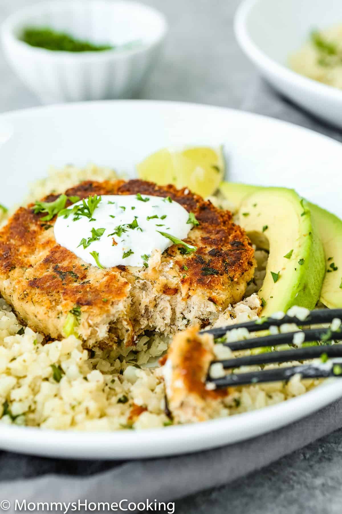 Plate with Eggless Salmon Patties, Cauliflower rice and avocado and a fork