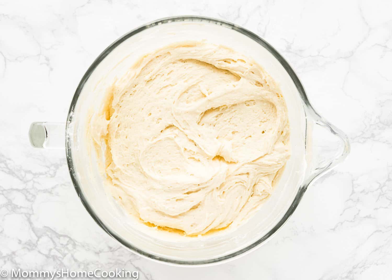 egg-free pound cake batter in a bowl of a stand mixer.