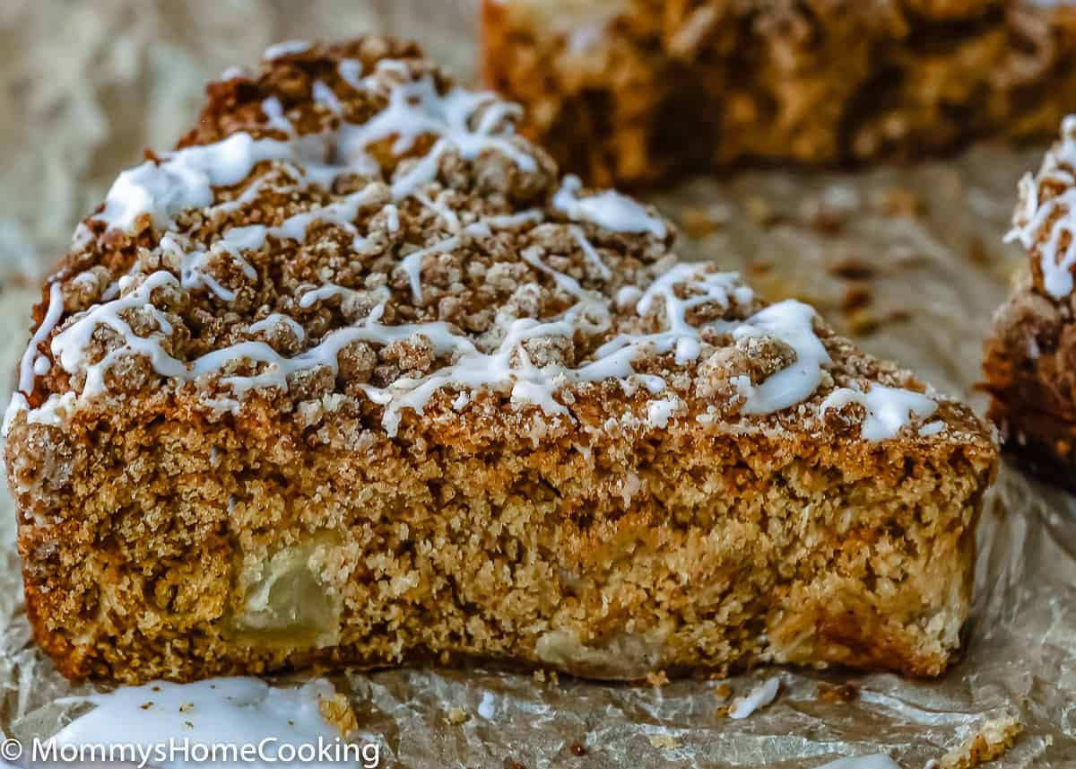 close up of an Eggless Apple Maple Spice Cake slice.