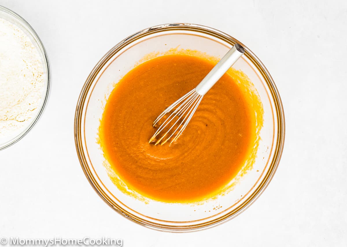 wet ingredients to make Eggless Pumpkin Bread in a bowl