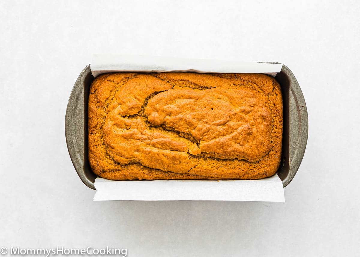 baked Eggless Pumpkin Bread in a loaf pan