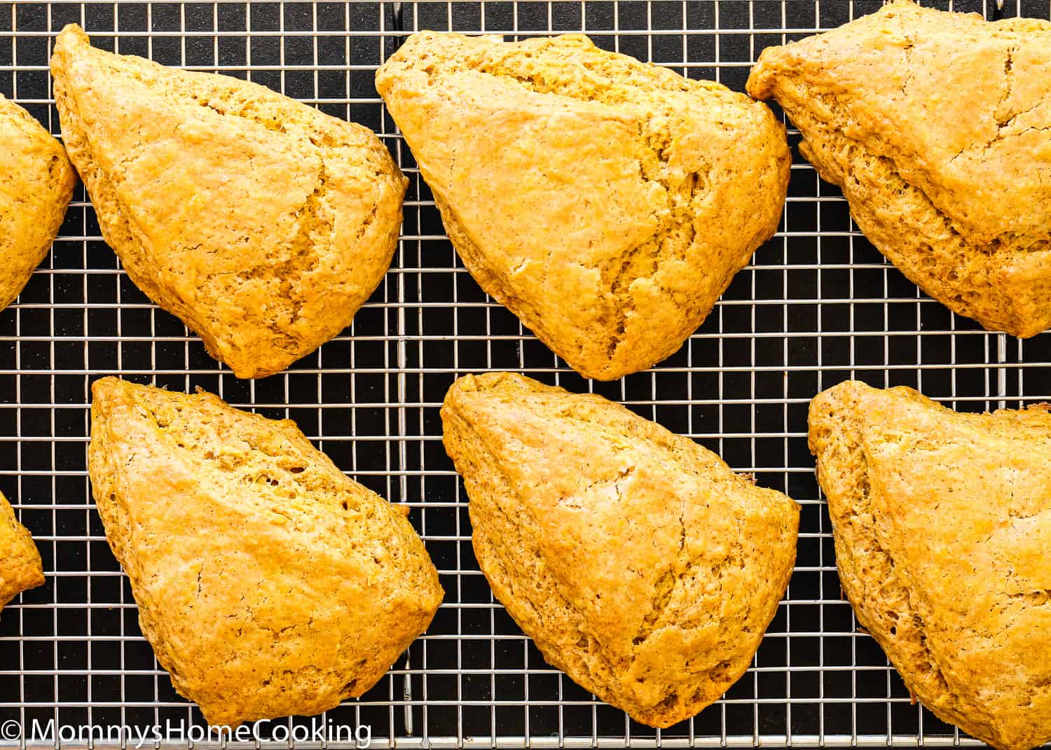 baked egg-free pumpkin scones over a cooling rack. 