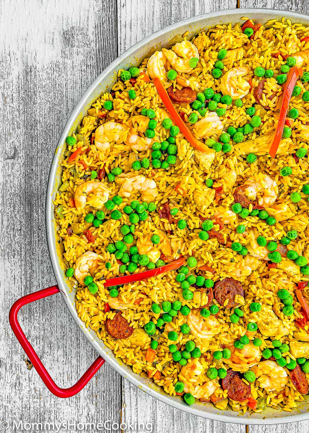 overhead view of a Spanish Paella in a paella pan