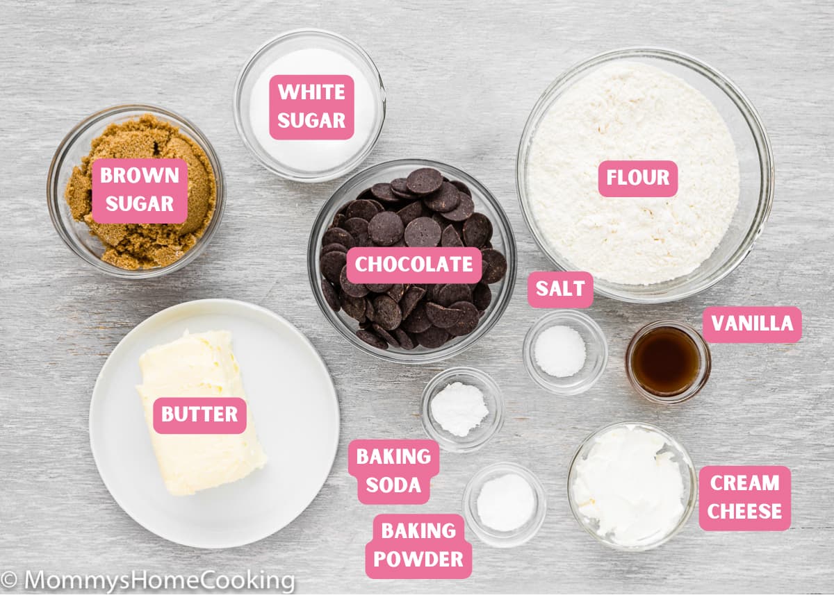ingredients needed to make chocolate chip cookies without eggs with name tags. 