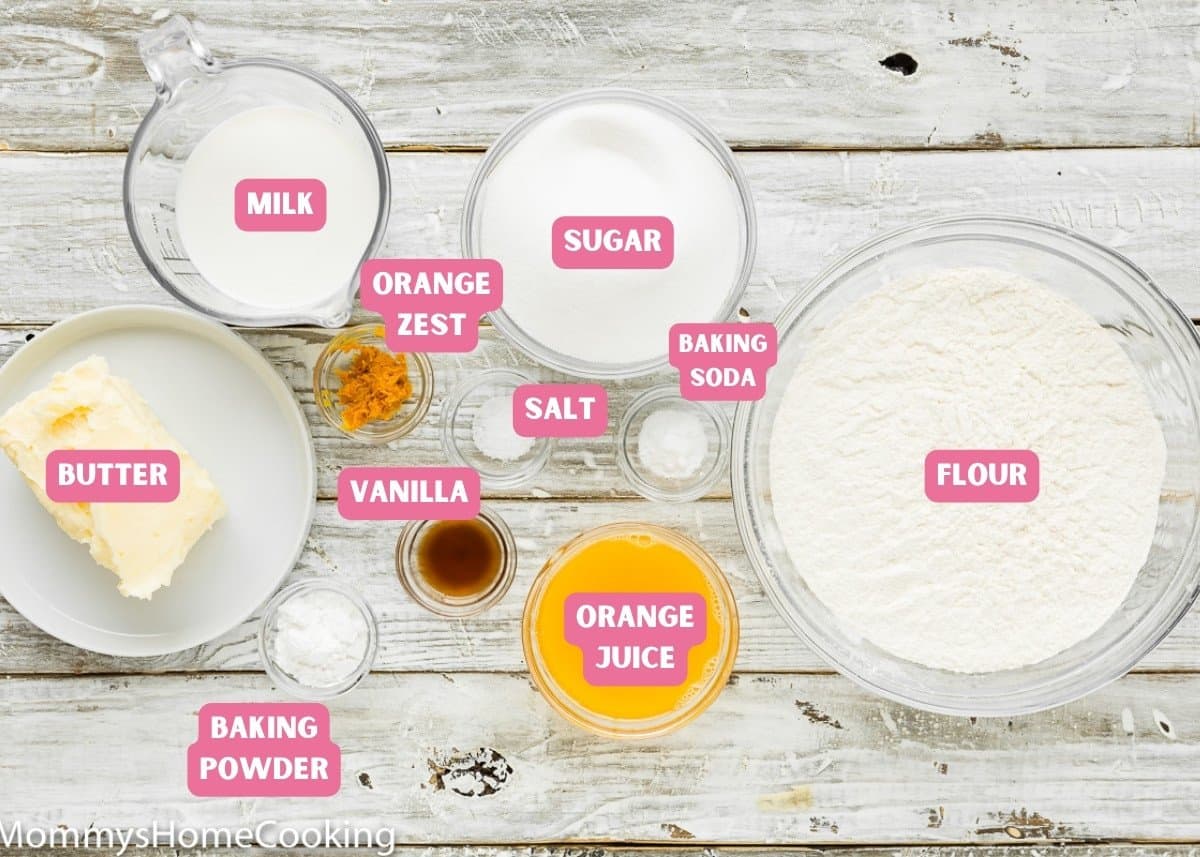 Ingredients needed to make egg-free orange cake with name tags.