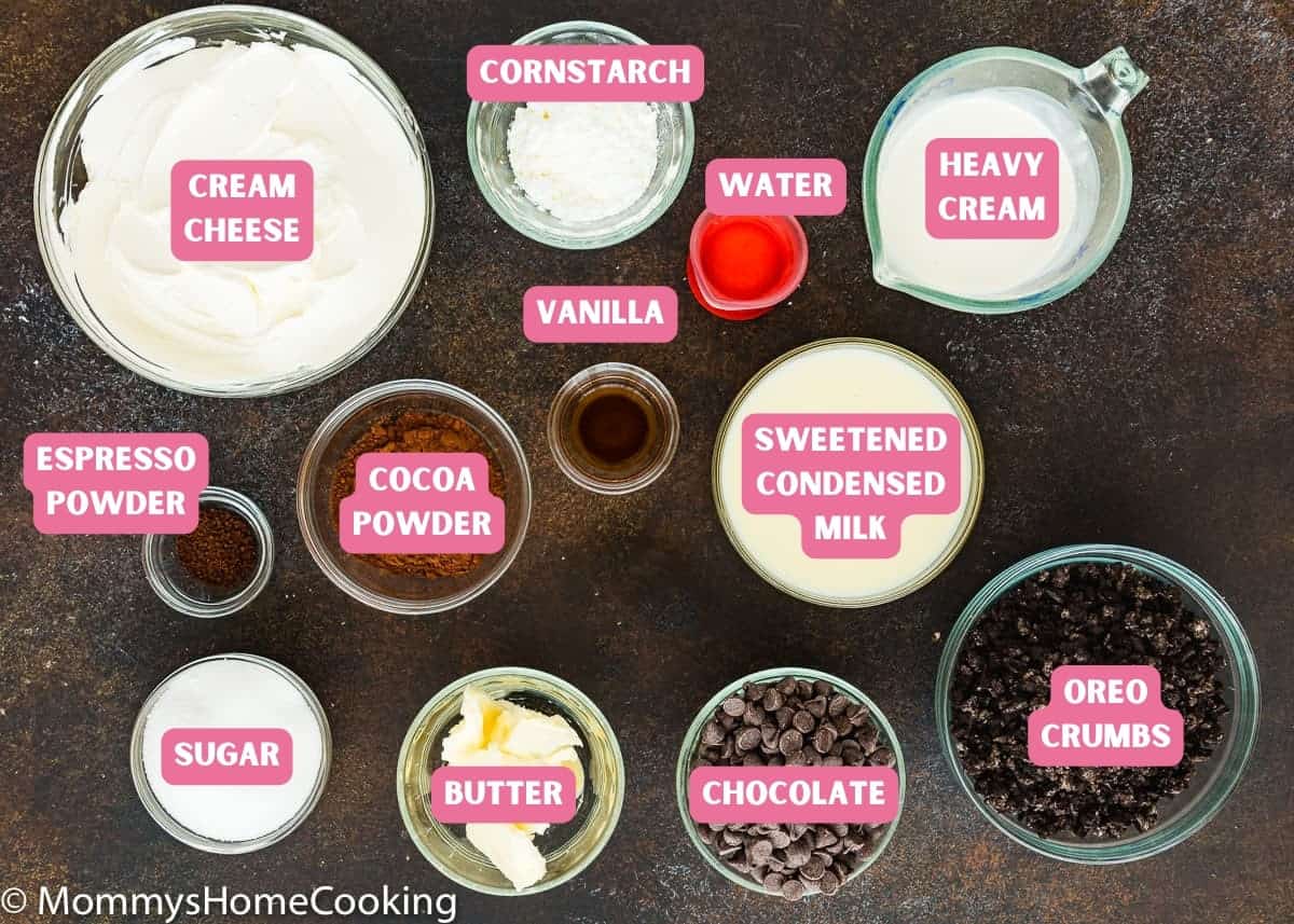 ingredients needed to make egg-free chocolate cheesecake with name tags. 