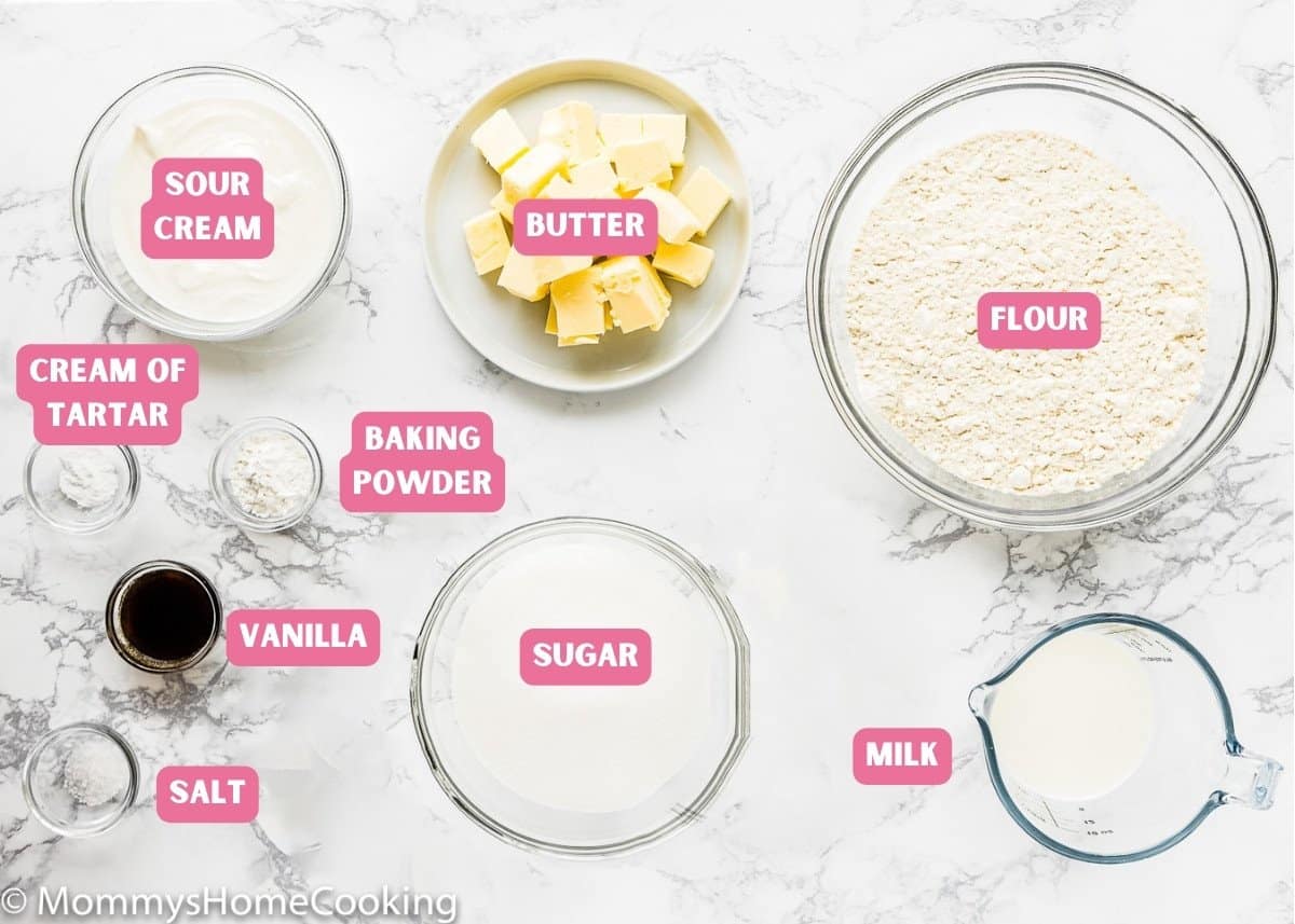 ingredients needed to make egg-free pound cake with name tags.