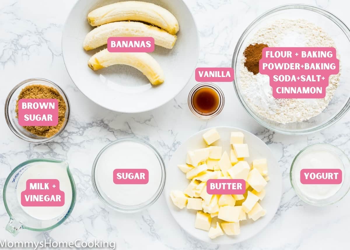 ingredients needed to make egg-free banana cake with name tags.