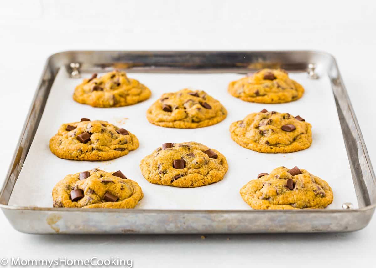 baked Eggless Pumpkin Chocolate Chip Cookies in a baking tray.