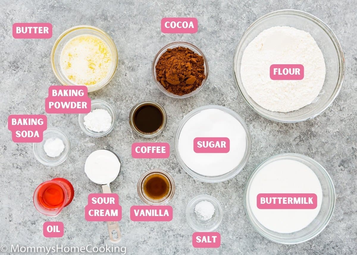 ingredients needed to make One Bowl Eggless Chocolate Cake with name tags. 