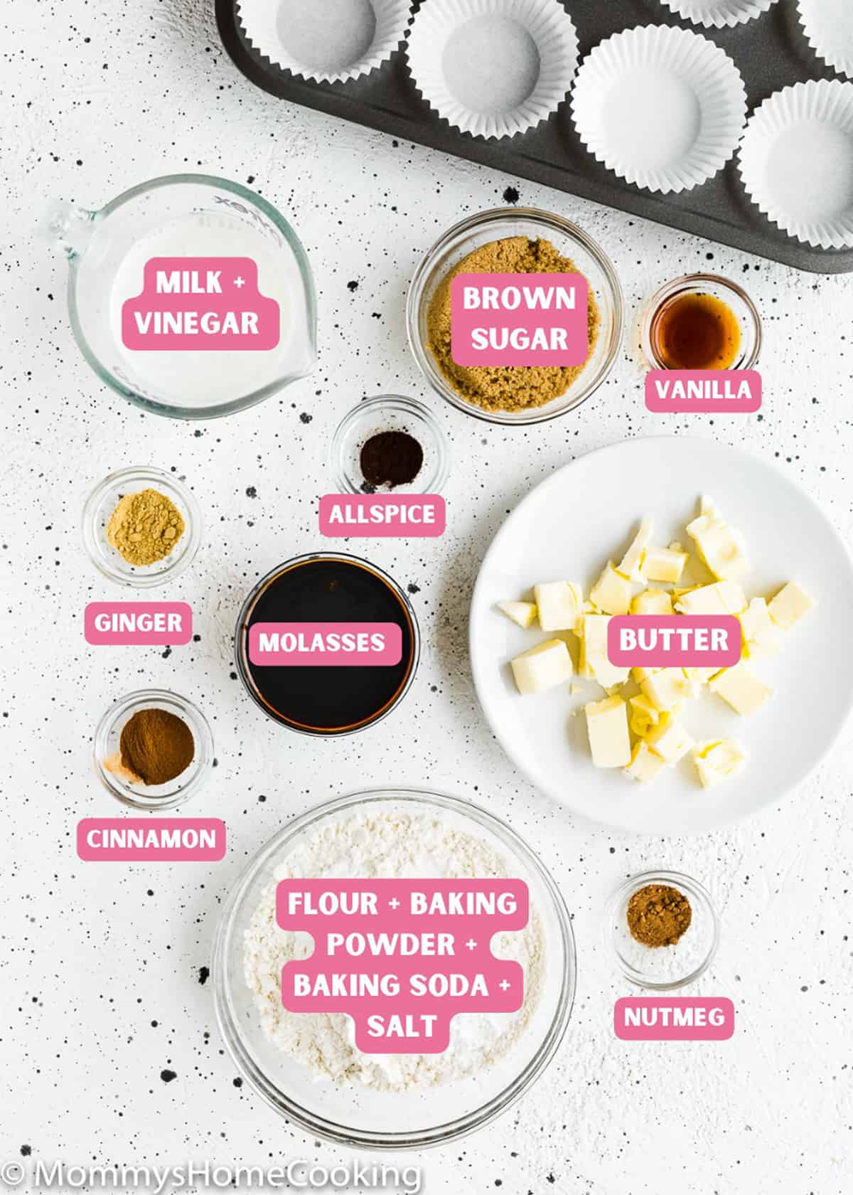 Ingredients needed to make egg-free gingerbread cupcakes with name tags.