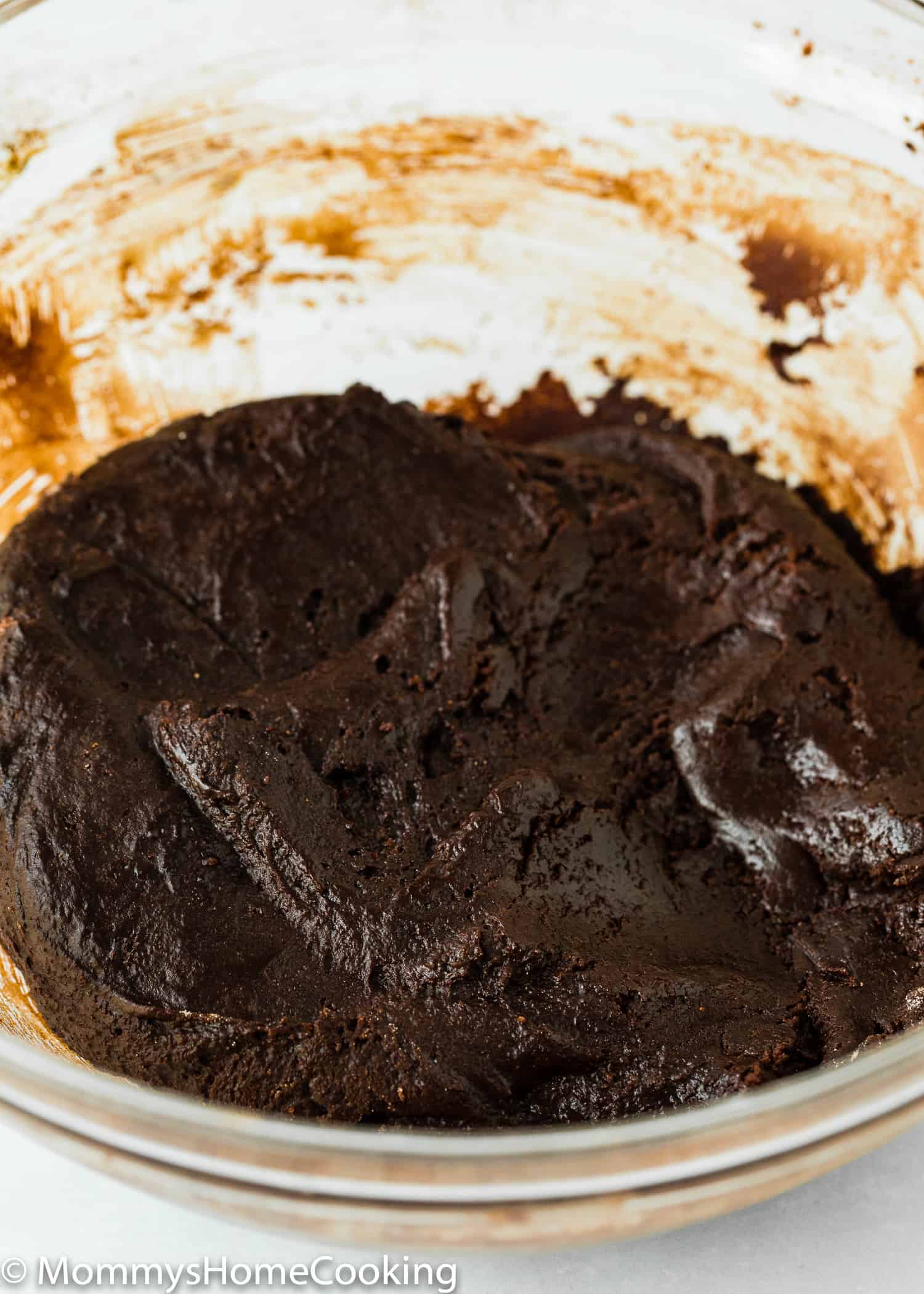 Eggless Chocolate Crinkle Cookies dough in a glass bowl