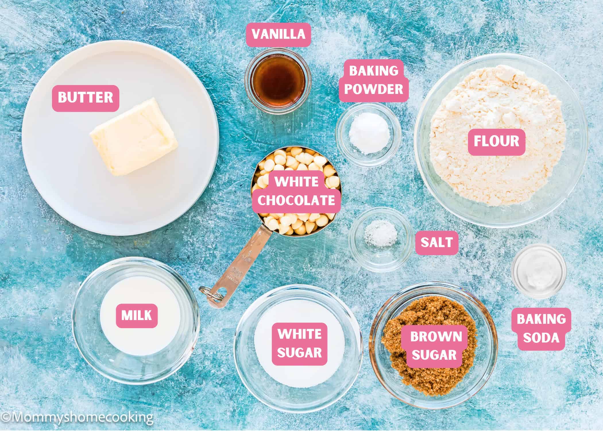 Ingredients needed to make Eggless White Chocolate Cookies with name tags.