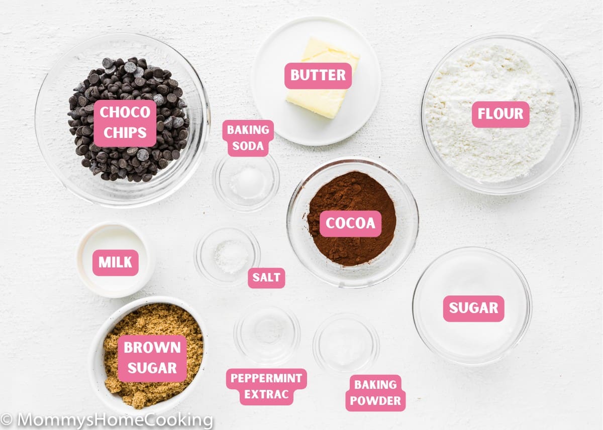 Ingredients needed to make egg-free chocolate peppermint cookies with name tags.