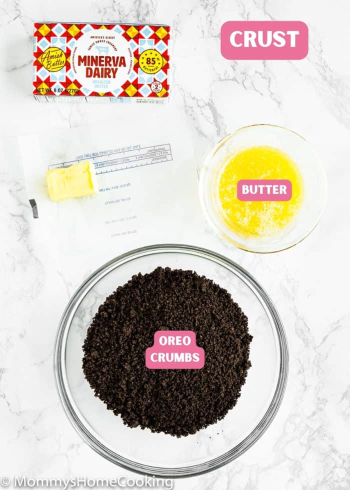 eggless chocolate pie crust ingredients over a marble surface with name tags.