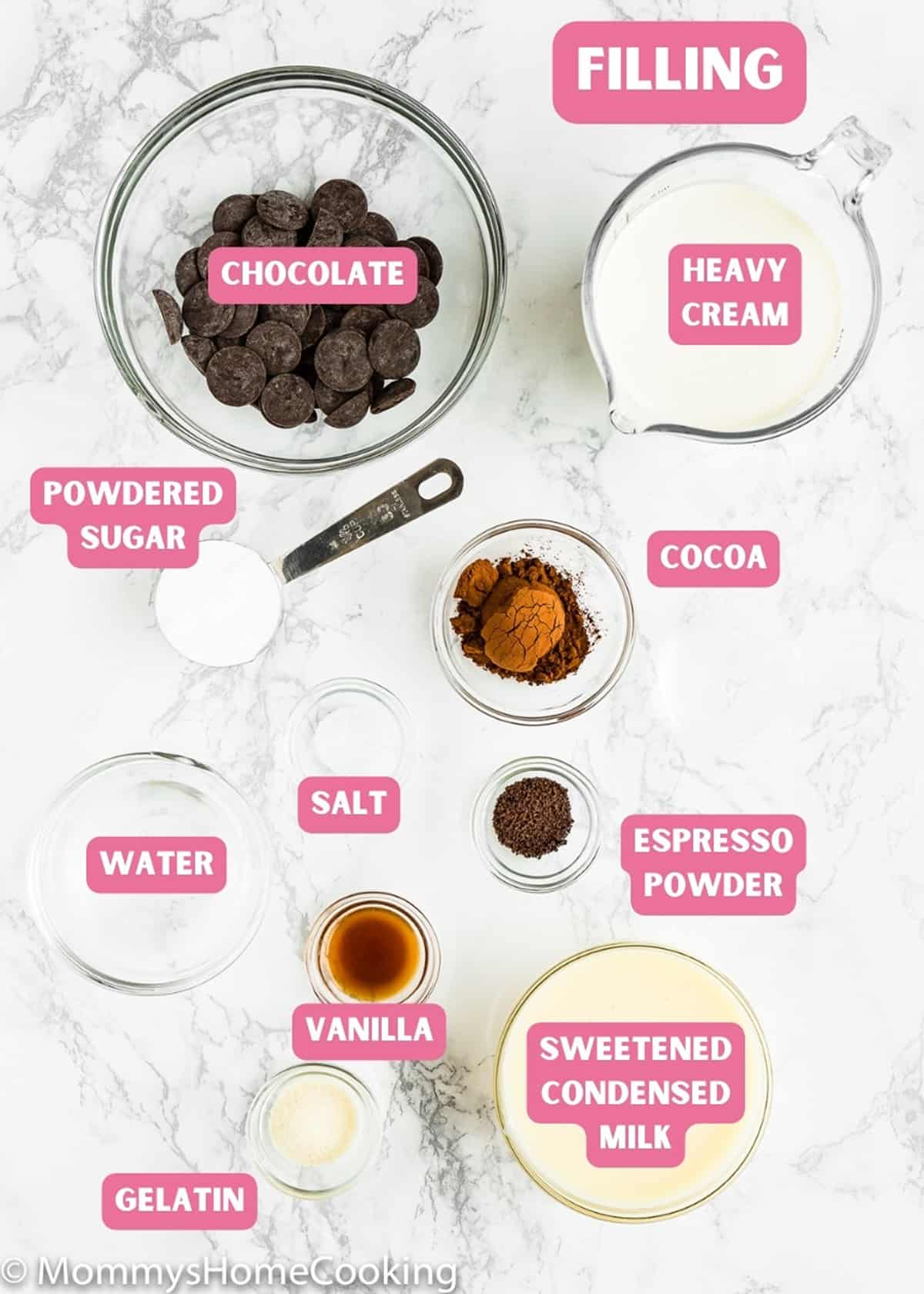 eggless chocolate pie filling ingredients over a marble surface with name tags.