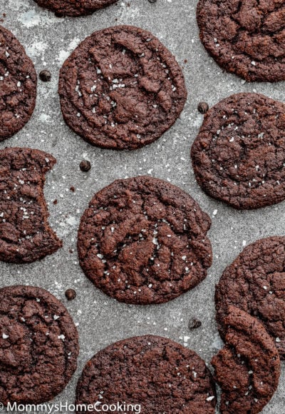 overhead view thin and crunchy Eggles Double Chocolate Cookies