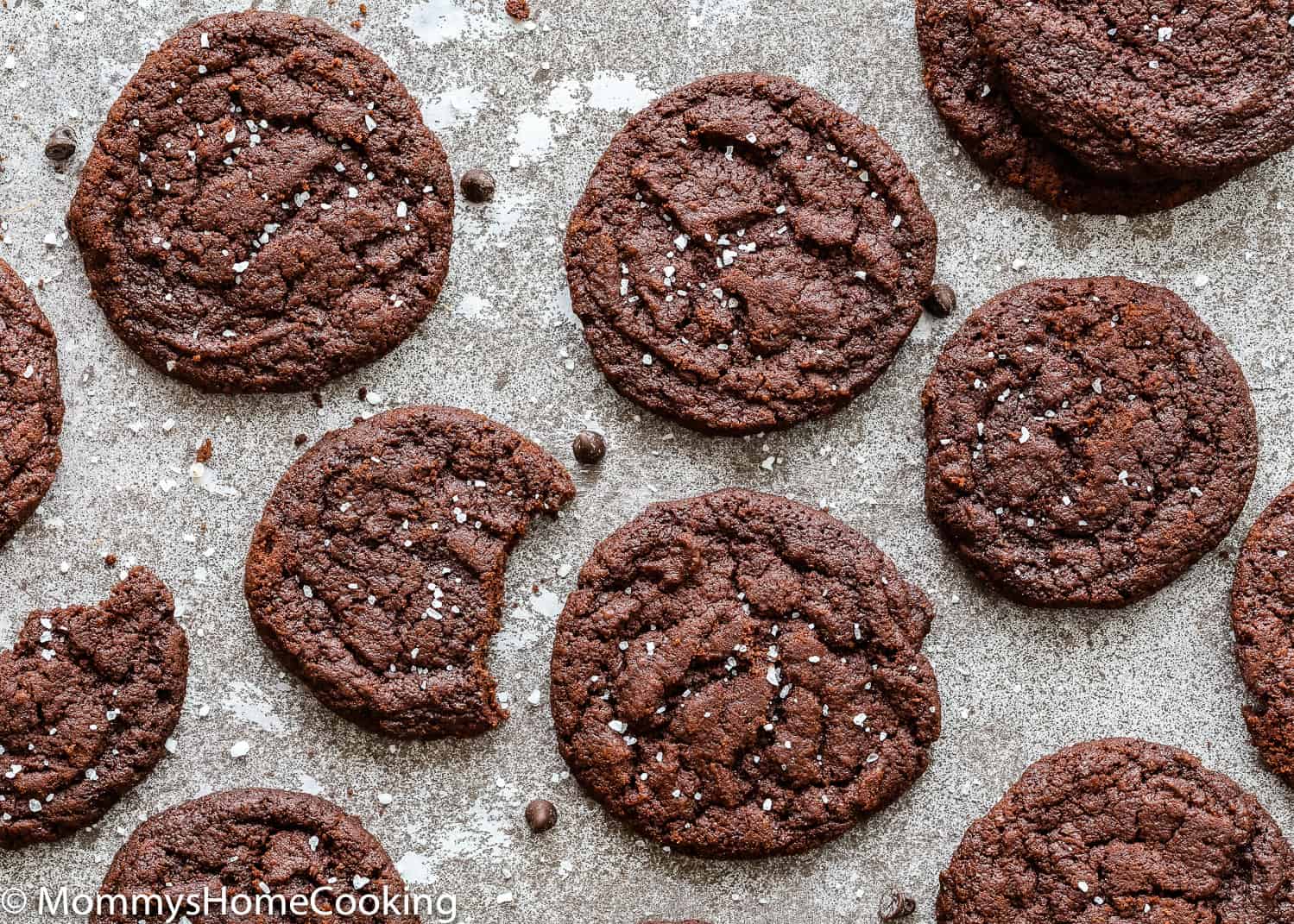 overhead view of Eggless Double Chocolate Cookies with sea salt on top