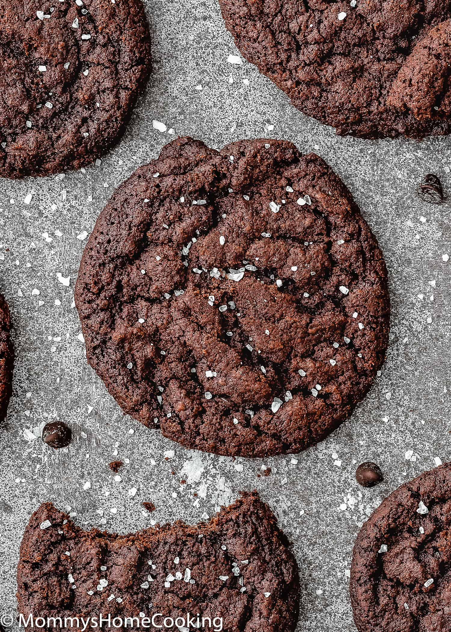 overhead view of a Eggles Double Chocolate Cookie with salt on top
