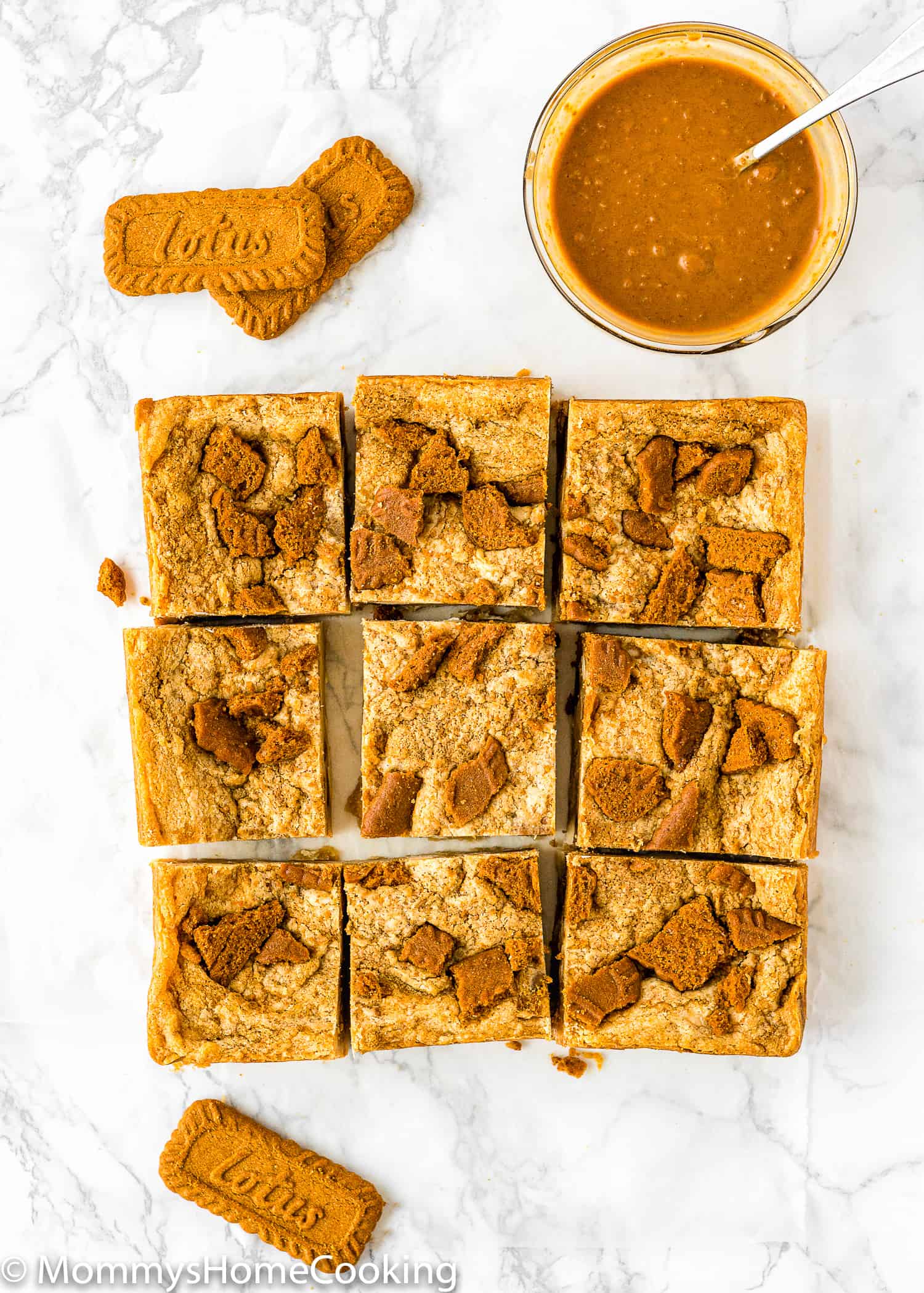 overhead view of Eggless Biscoff White Chocolate Blondies
