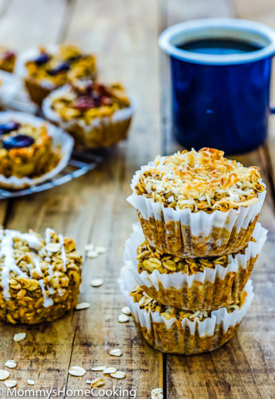 stack of three Eggless Baked Apple Oatmeal Muffins with a cup of coffee on the background