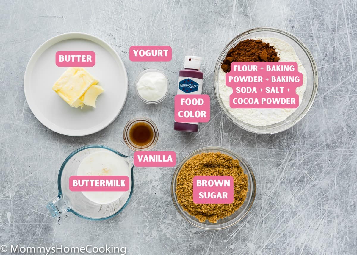 Ingredients needed to make egg-free whoopie pies with name tags.