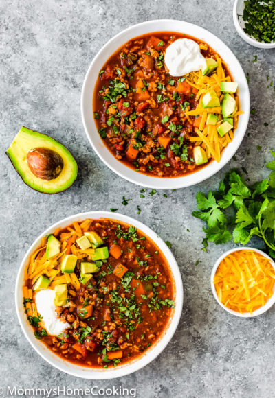 two bowls with Healthy Low Carb Turkey Chili