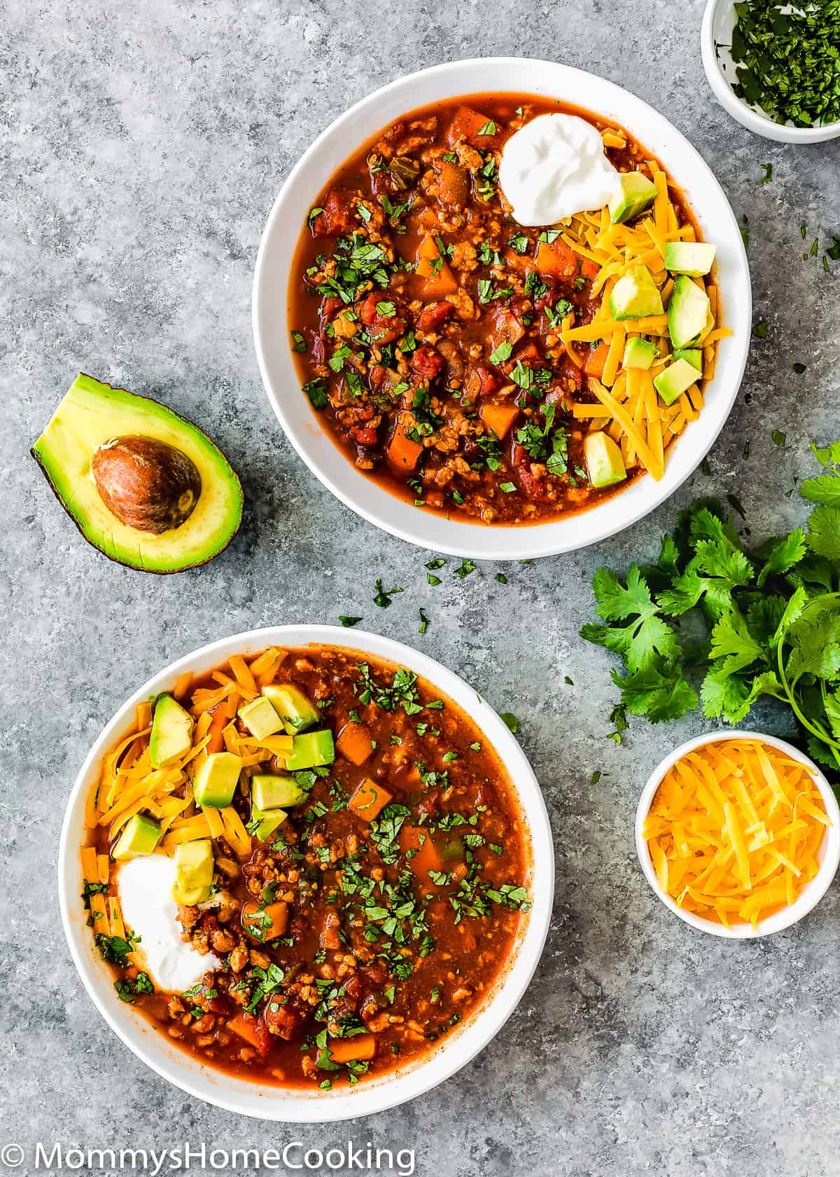 two bowls with Healthy Low Carb Turkey Chili.