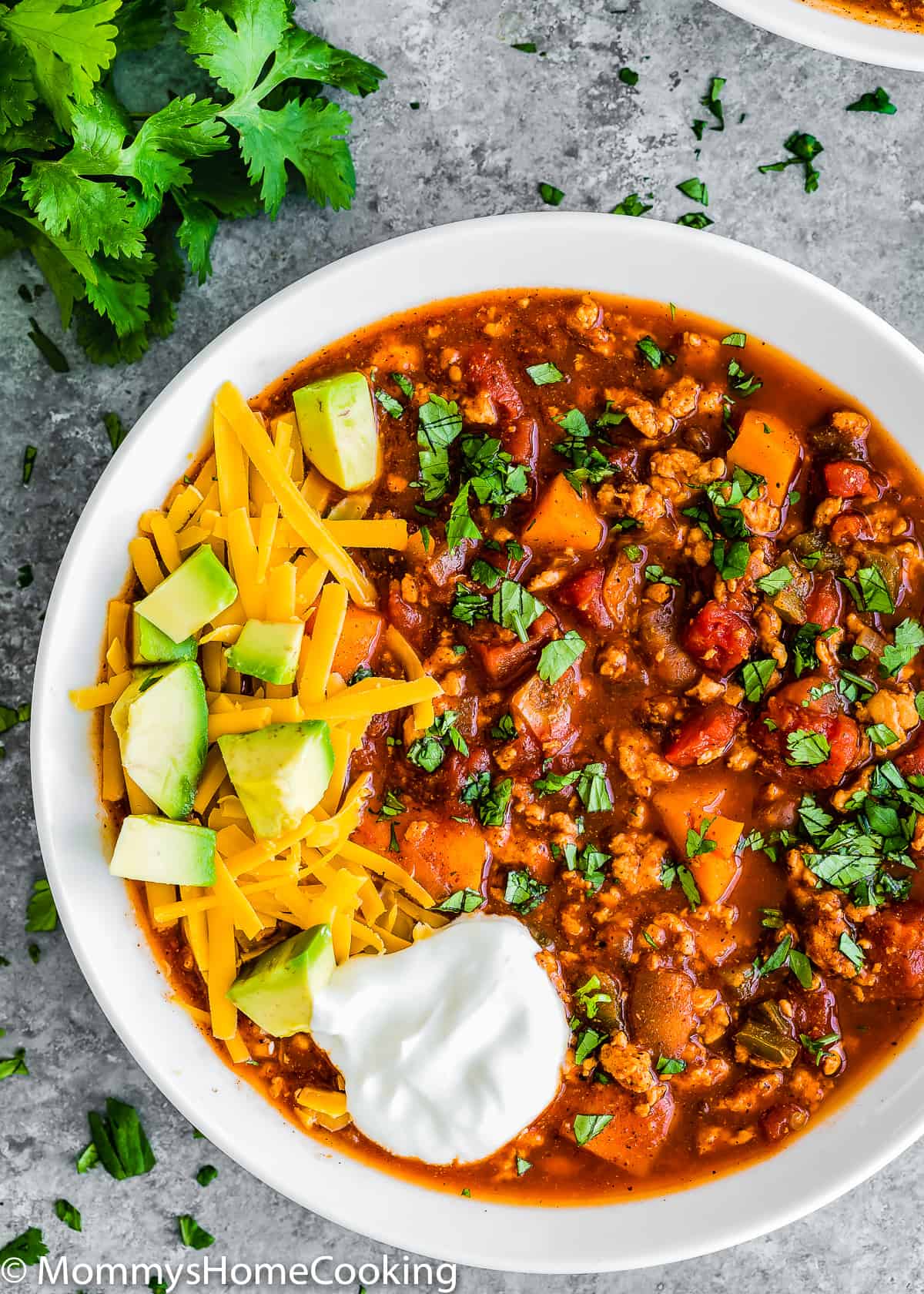 overhead view of a bowl with Turkey Chili.