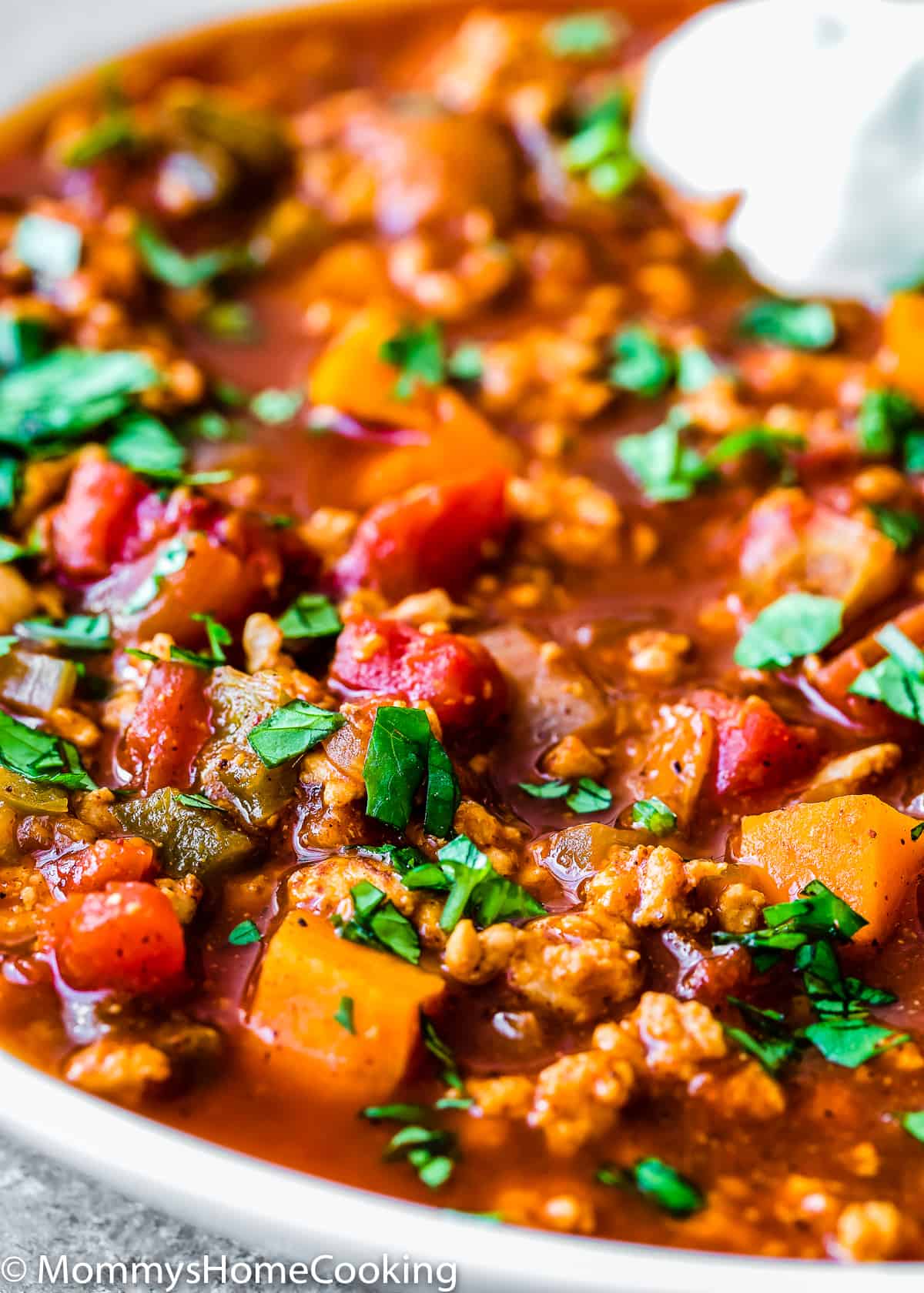 closeup view of a bowl with Healthy Low Carb Turkey Chili
