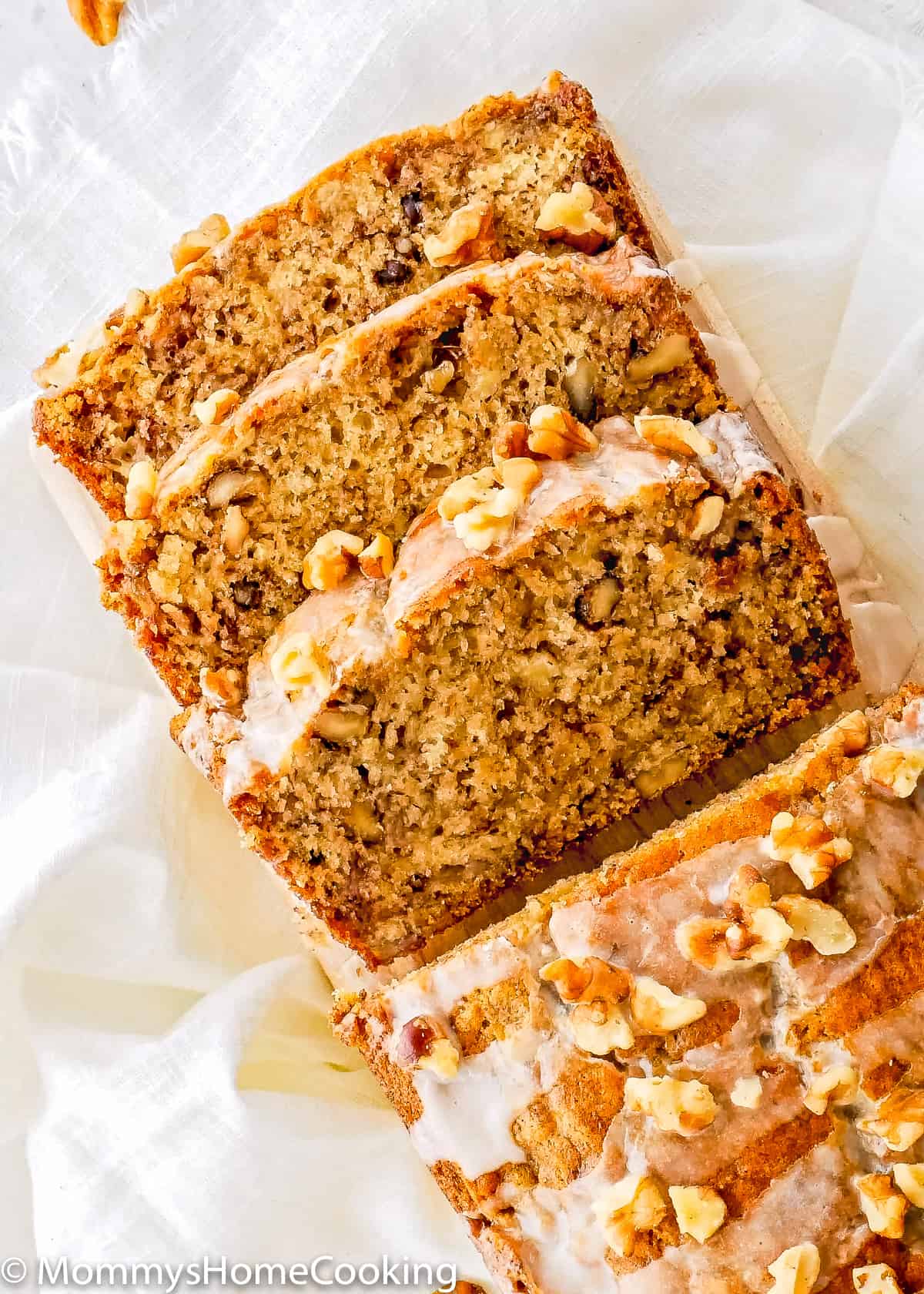 overhead view of a egg-free banana bread sliced.