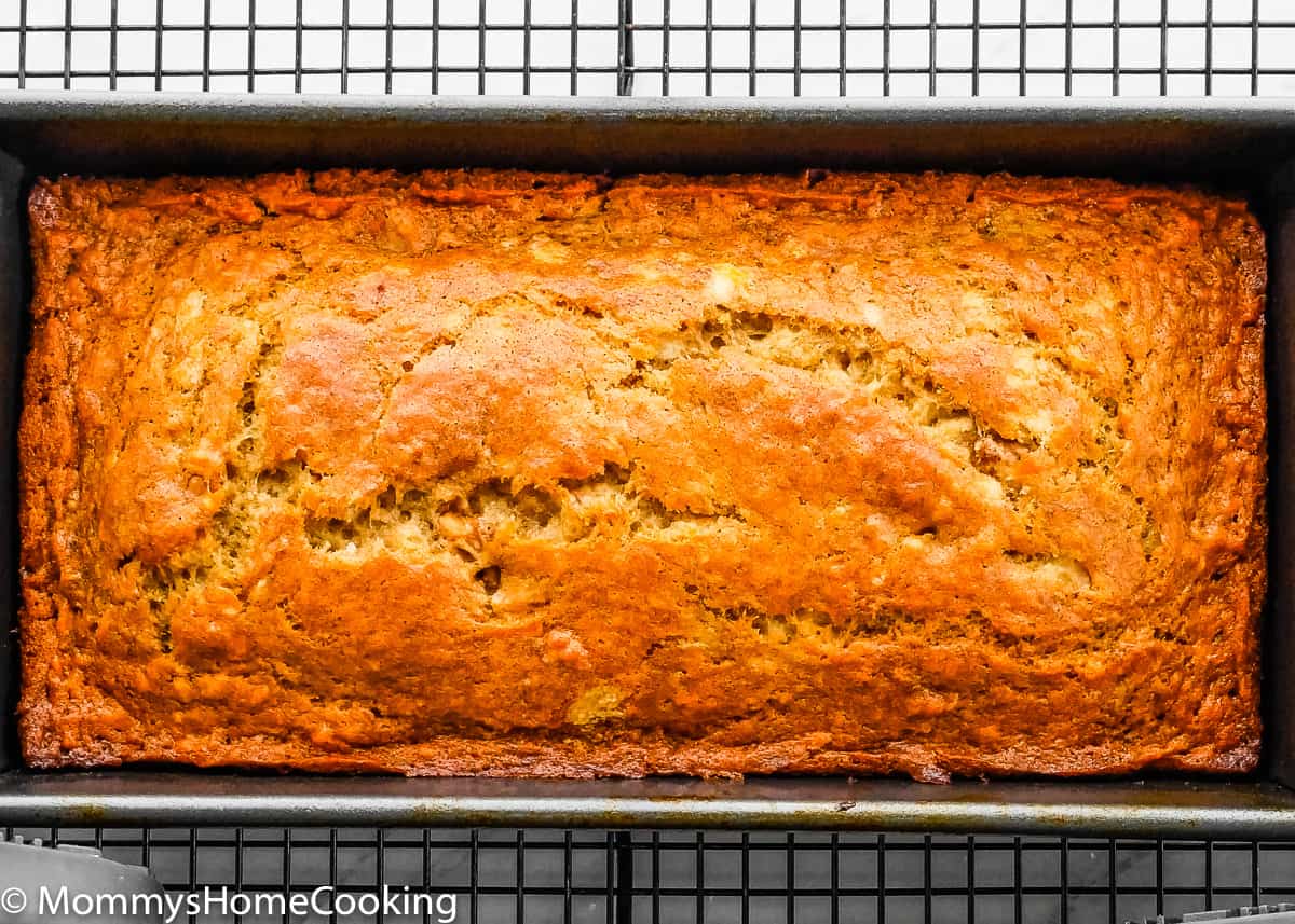 a egg-free banana bread in a loaf pan
