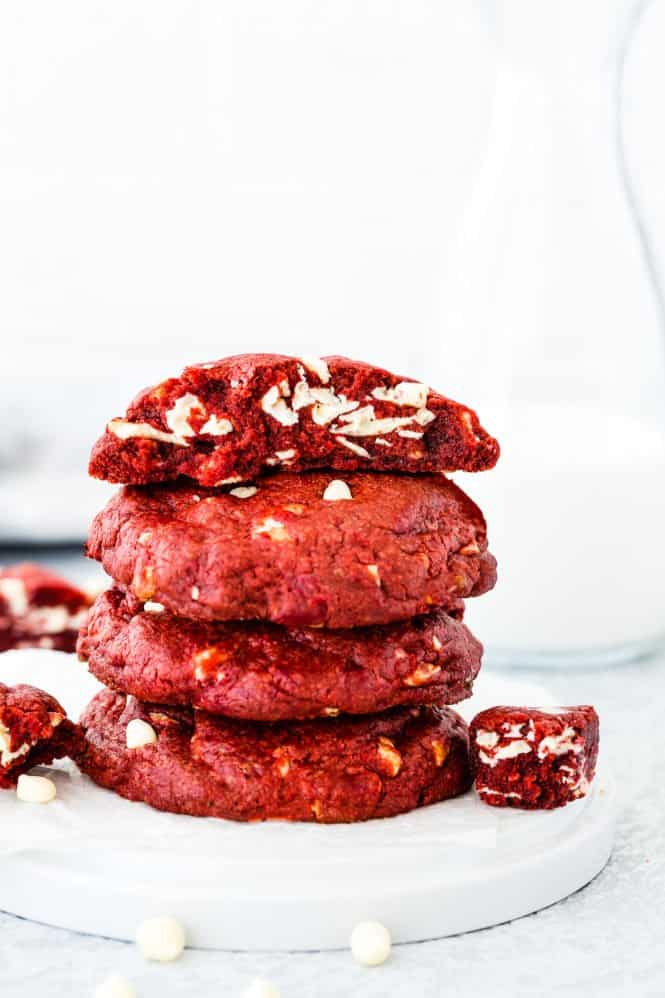 stack of Bakery Style Eggless Red Velvet Cookies on a plate.