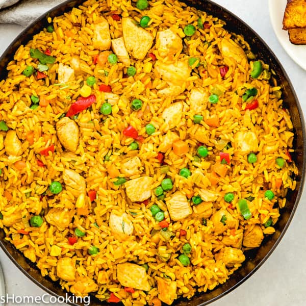 chicken and rice Spanish style in a skillet.