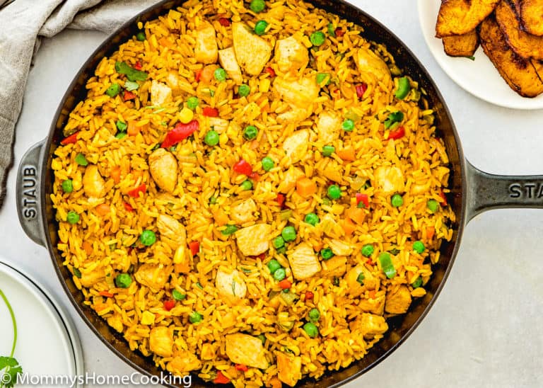 chicken and rice Spanish style in a skillet.