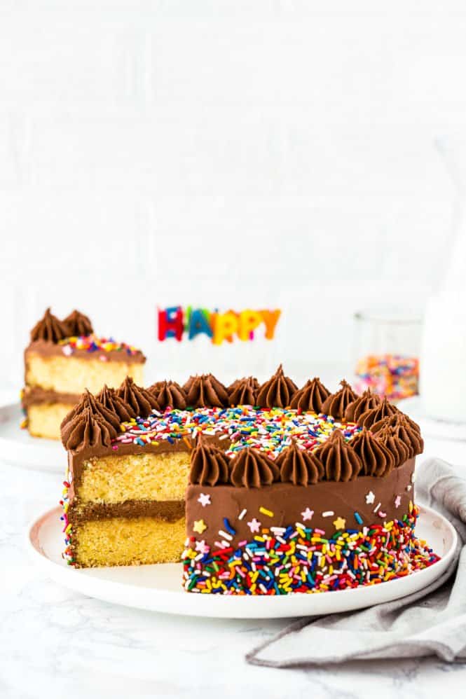 egg-free yellow cake with chocolate frosting and sprinkles. 