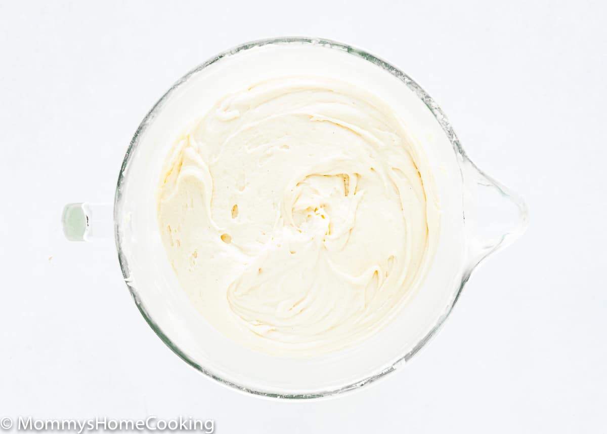 egg-free cake batter in a mixing bowl.