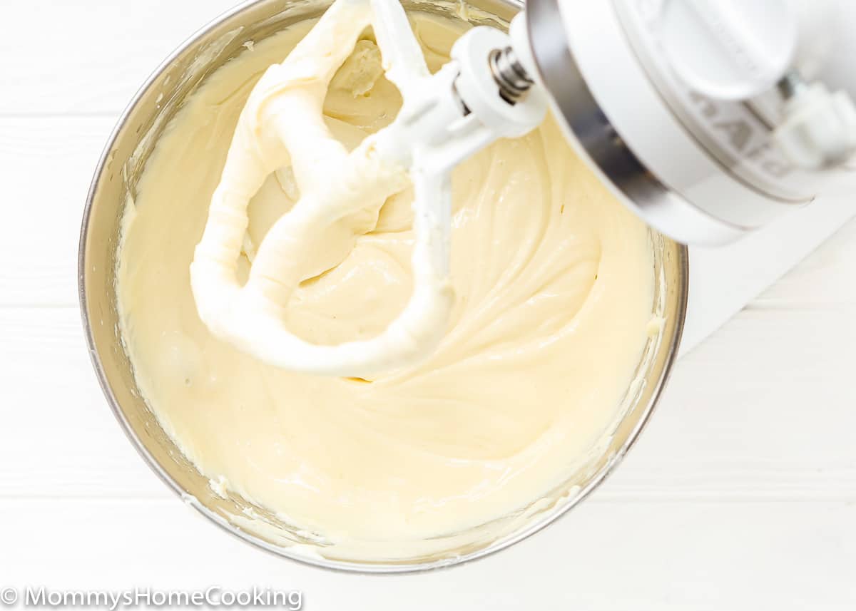 no-bake easter cheesecake batter in a stand mixer bowl.