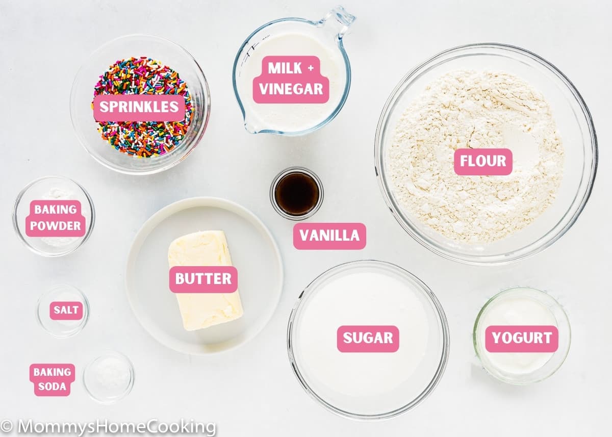 eggless funfetti cake ingredients measured out with name tags.