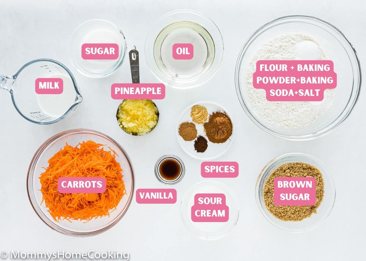ingredients needed to make egg-free pineapple carrot cake measured out in bowls.