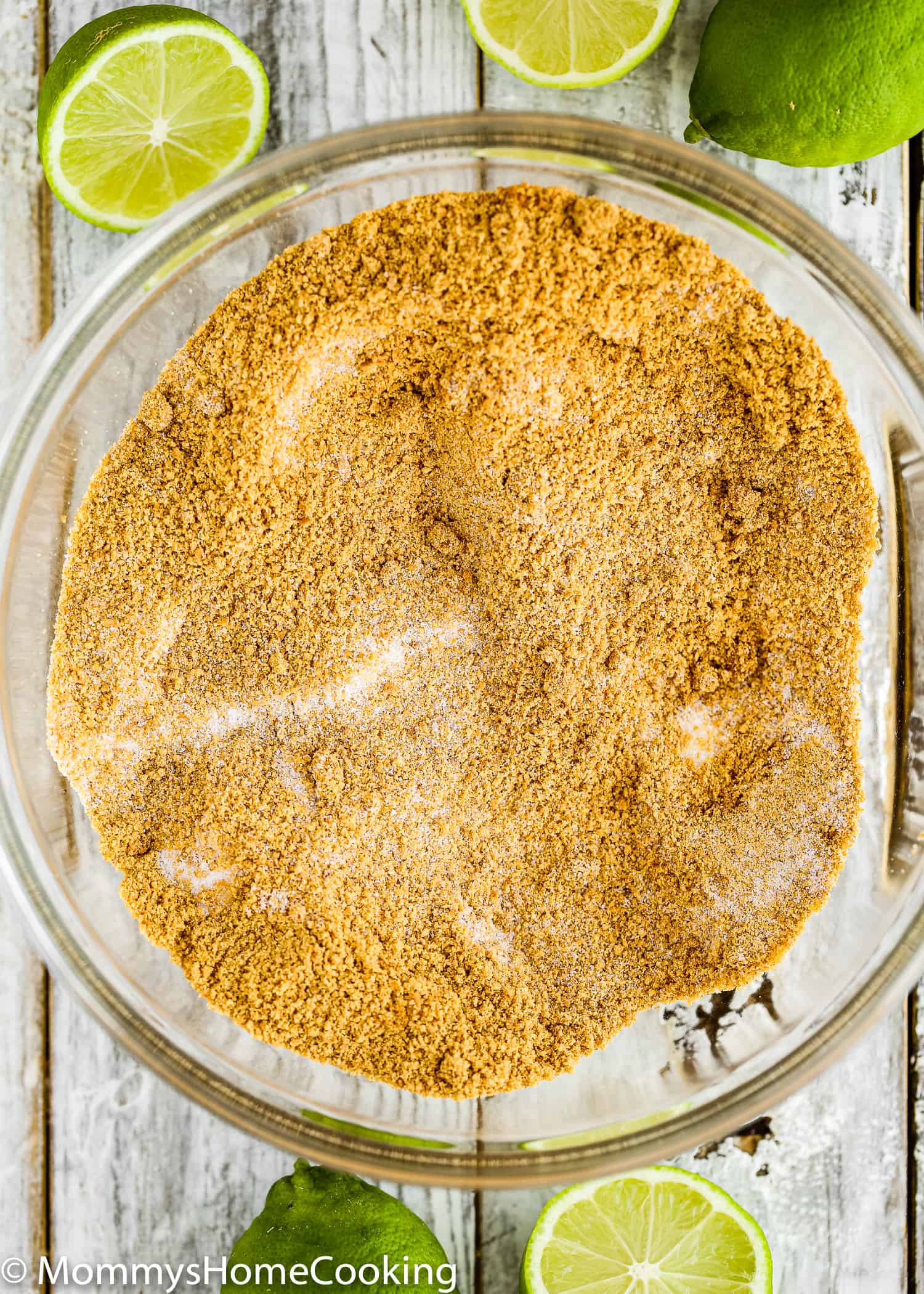 graham cracker crumbs with sugar in a bowl.