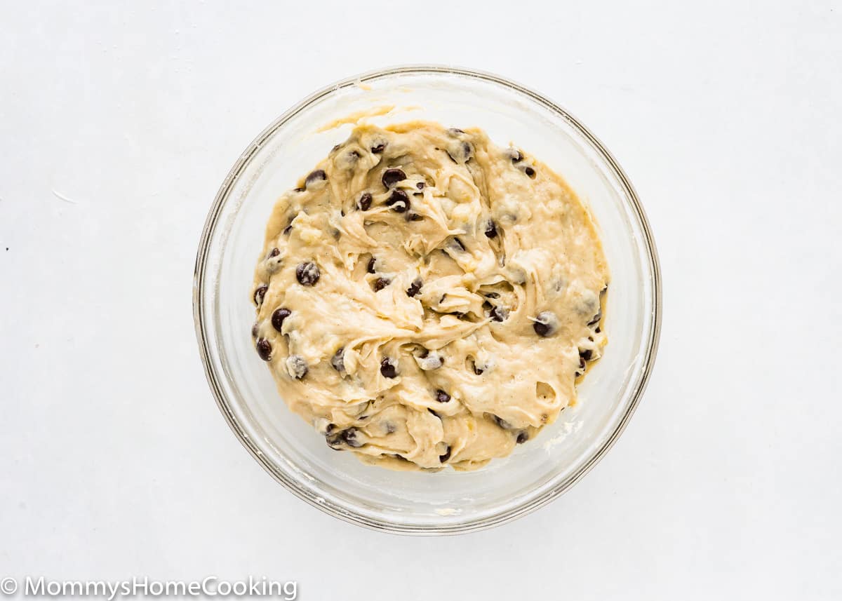Eggless Banana Chocolate Chip Muffins batter in a bowl.