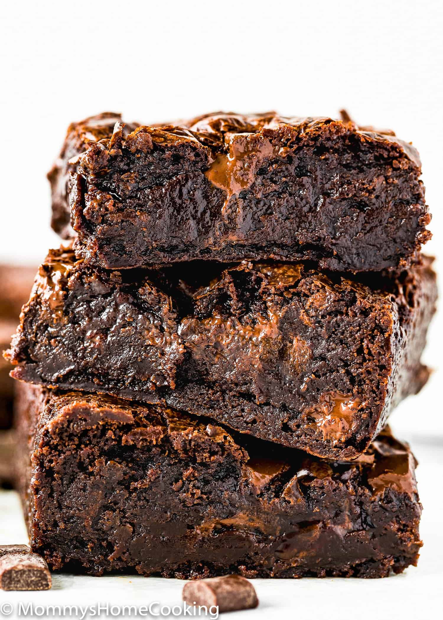 stack of three eggless super Fudgy brownies.