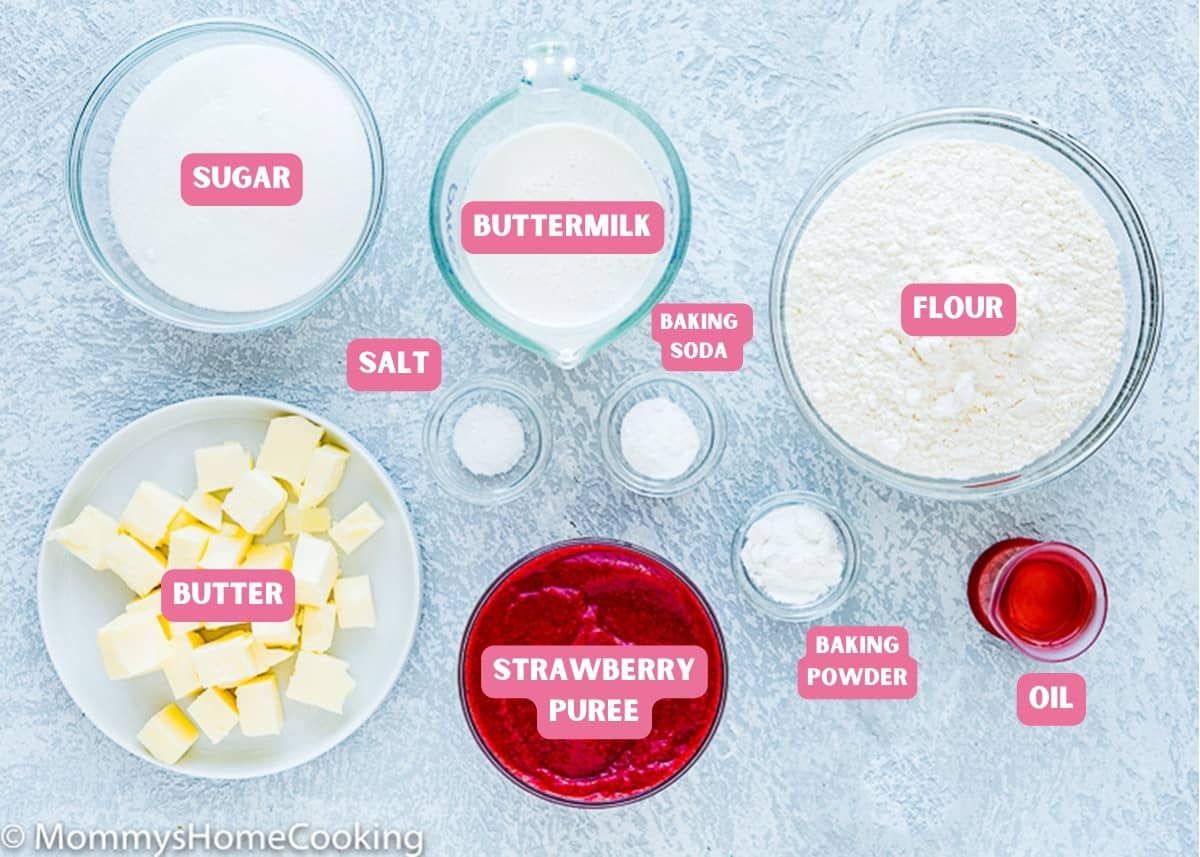 Ingredients needed to make egg-free Strawberry Bundt Cake with name tags.