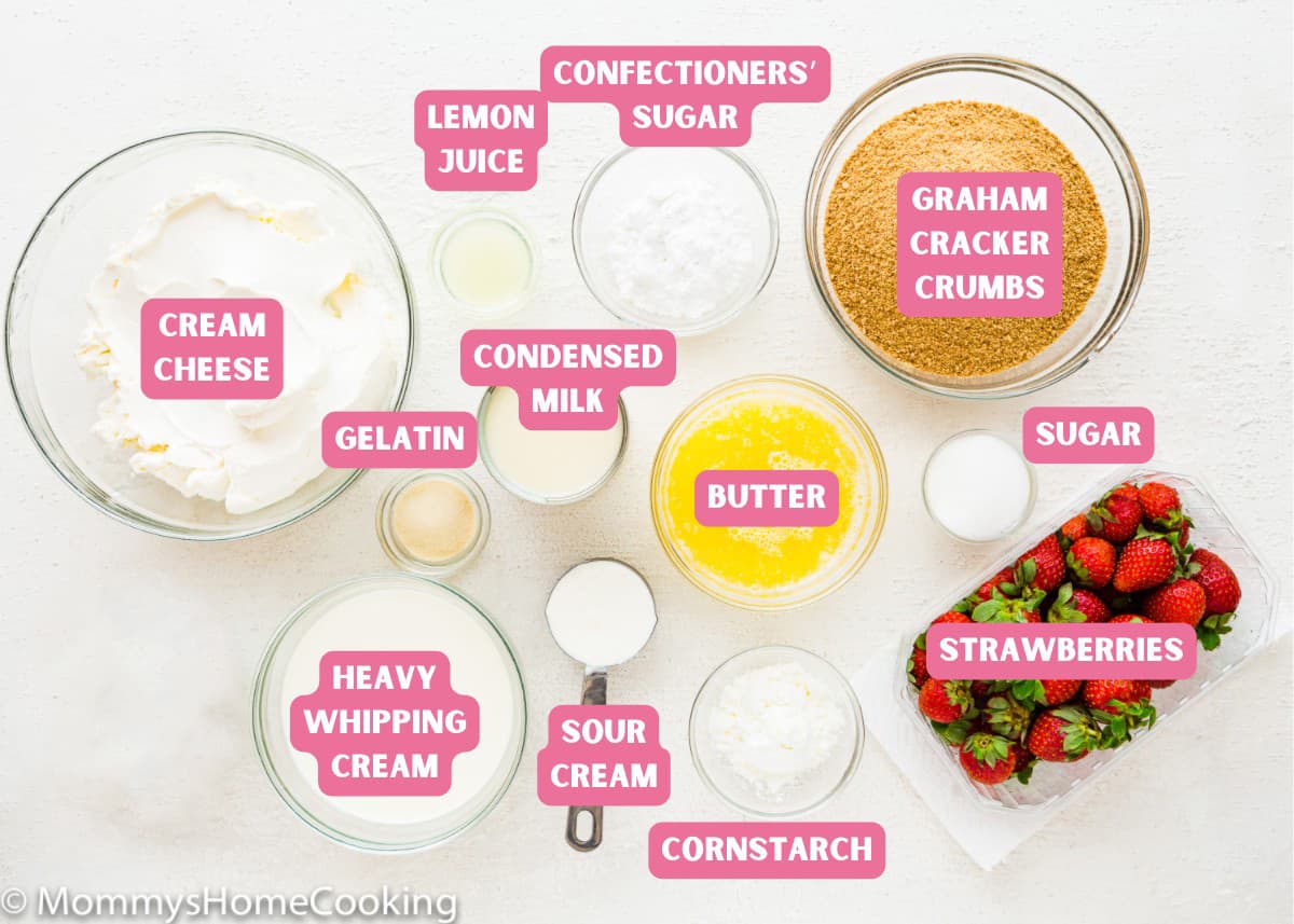 Ingredients needed to make No-Bake Strawberry Cheesecake with name tags.
