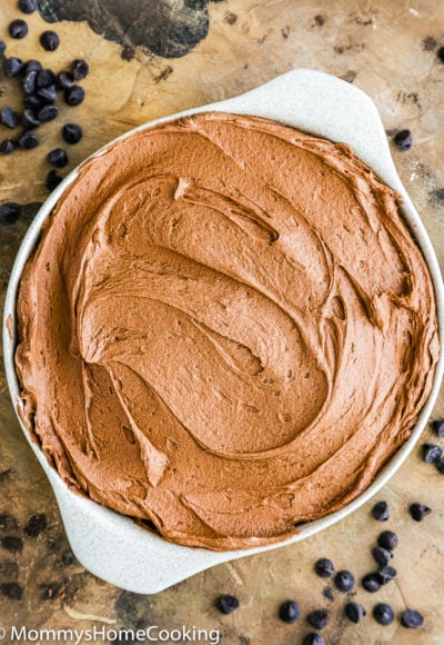 Chocolate Frosting in a surviving bowl with chocolate chips around it.