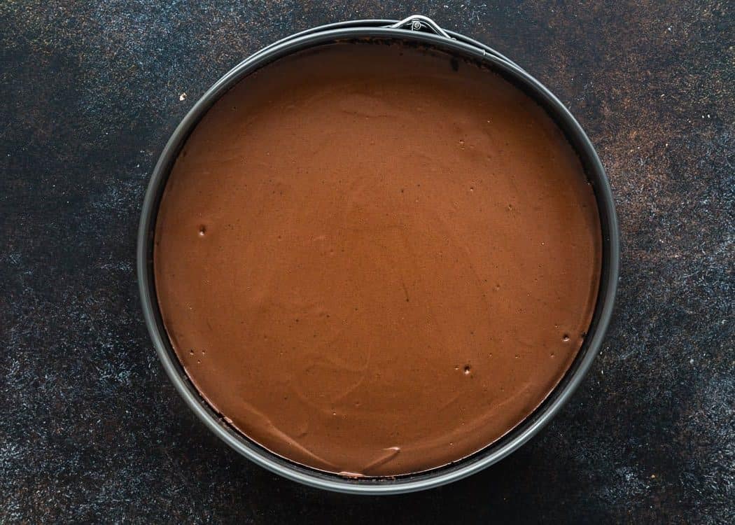 baked Eggless Chocolate Cheesecake in a springform pan.