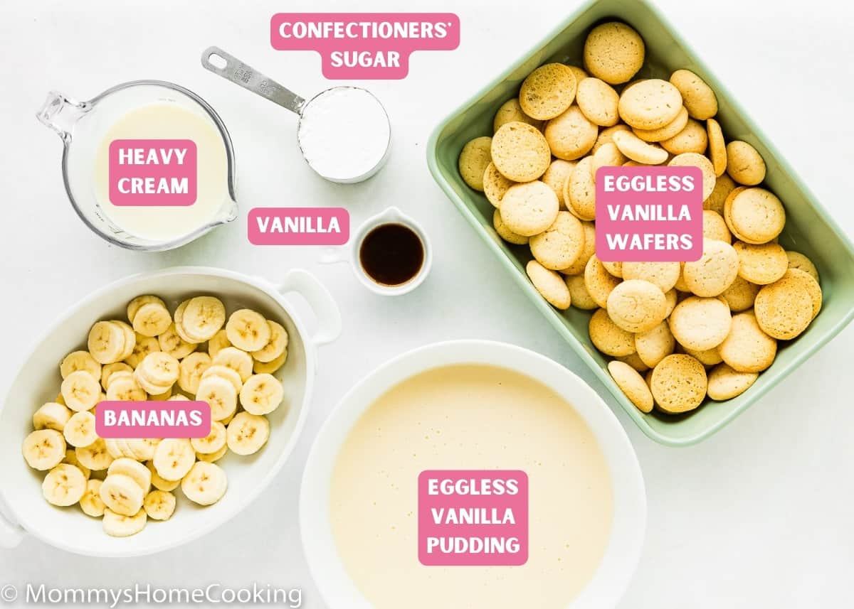 Ingredients needed to make egg-free banana pudding over a white surface with name tags.